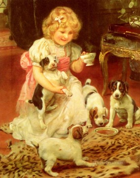 ペットと子供 Painting - ティータイムの牧歌的な子供たち アーサー ジョン エルスリー ペットの子供たち